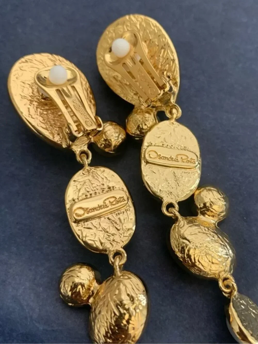 Oscar de la Renta Gold Tone Pearl & Crystal Statement Linear Drop Earrings